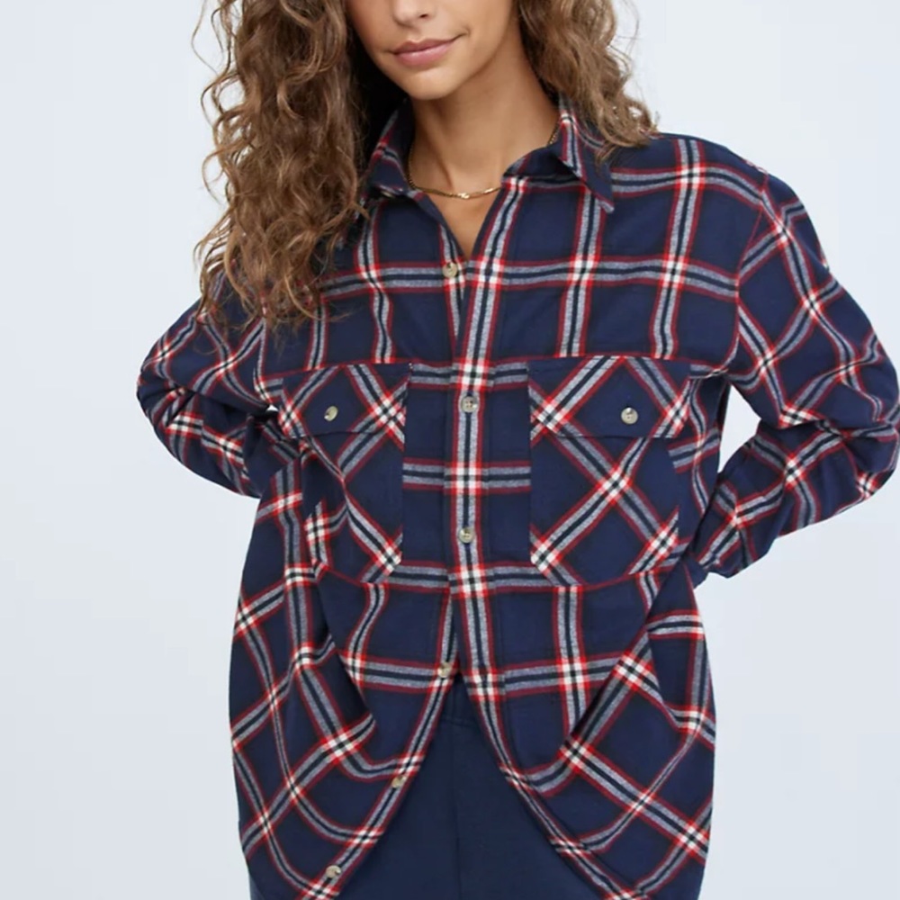 TNA Plaid Button Up In Navy Blue /Red/White